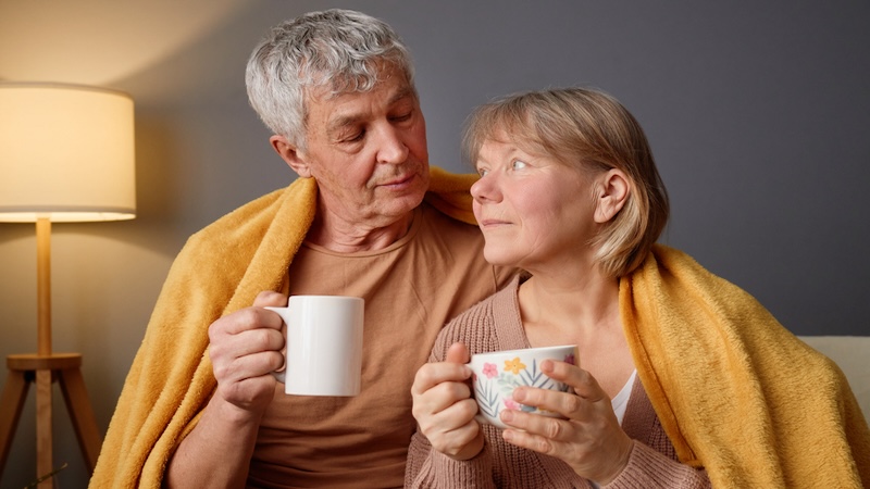 A senior couple drinking tea or coffee, wrapped in blankets. By Lesia Sementsova. Seniors Guide offers six tips for managing arthritis pain in cold weather.