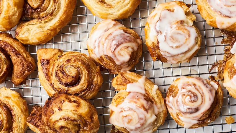 Puff pastry cinnamon rolls on a sheet