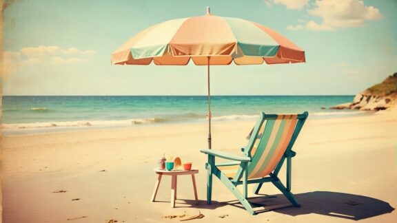 A vintage beach scene with muted colors and old slingback chair. AI generated image by Swillklitch. For nostalgia travel article