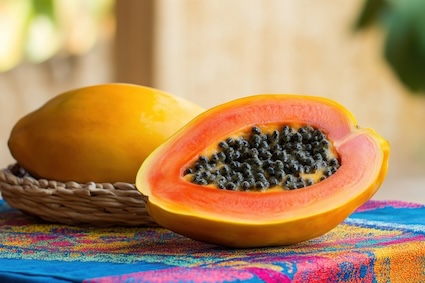 A papaya half and a whole papaya in a basket