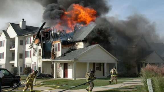 Firefighters battle a blaze, noting the issue of fire safety at senior living communities. Image by Ewegryn
