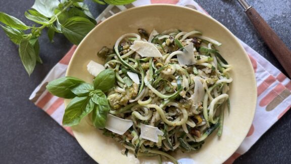 Zucchini noodle recipe in a bowl.