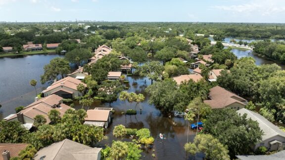 A neighborhood overwhelmed with flood water, showing the importance of knowing how to use medicare advantage in a disaster.