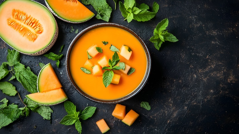 Chilled cantaloupe soup in a bowl.
