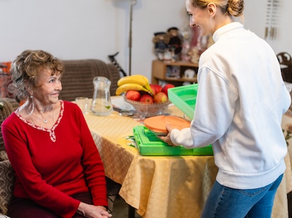 A volunteer serving food to a senior woman in her home, a home meal delivery service for seniors like Meals on Wheels. Image by Arne9001