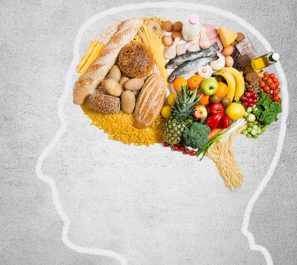healthy foods pictured in the outline of a person's head and brain. For article on the MIND diet for cognitive health. Image: Tijanap