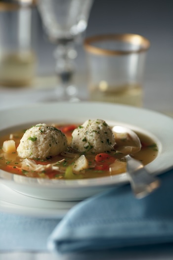 A fancy bowl of Jewish New Year soup ready to eat