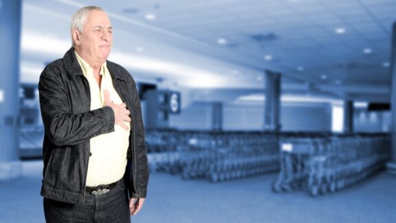 Man in grocery store clutching his chest because of an abnormal heartbeat