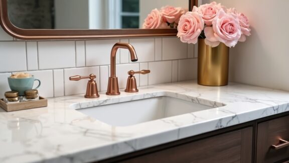 A bathroom sink with pink flowers. A representation of Poetry and Pepto-Bismol. Image AI