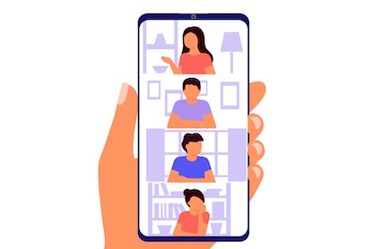 Illustration of a phone showing a virtual online support group.
