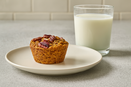 A pumpkin oatmeal muffin and a glass of milk.