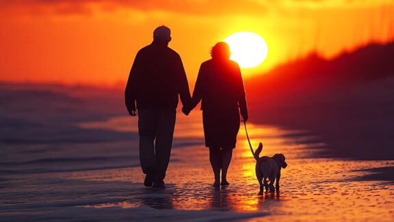 traveling with a pet can enhance the joy, like taking a walk on a beach at sunset, such as this couple