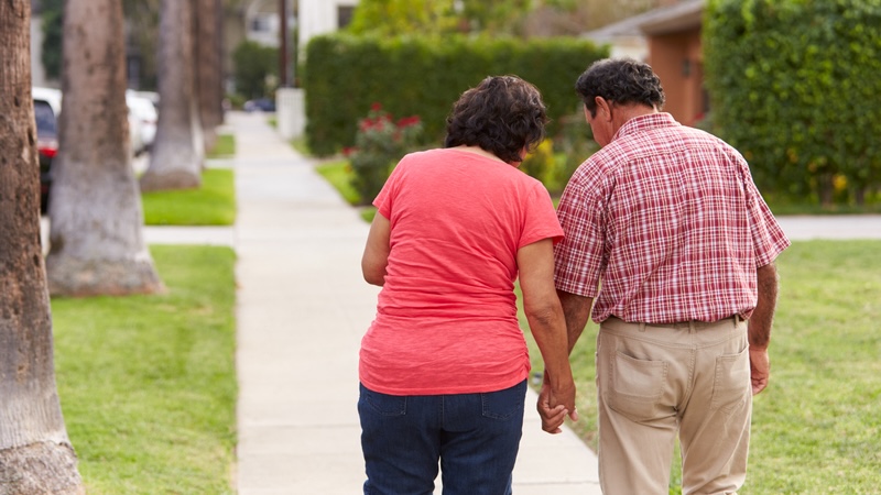 seniors walking in front of the yard of an aggressive neighbor.