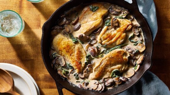 Creamy chicken skillet recipe in a pan
