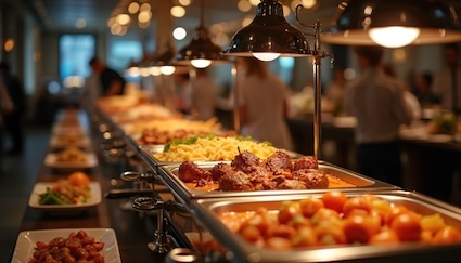 A big shiny buffet and a person navigating a buffet