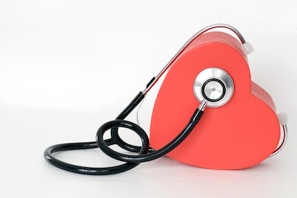 Heart wearing a stethoscope depicting heart attack treatment