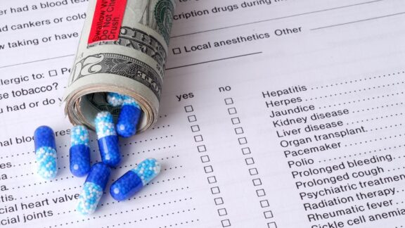 A roll of 20-dollar bills with capsules spilling out, by Stevies. The high cost of prescription drugs in the U.S. causes sticker shock, challenges seniors’ budgets, and sometimes even means avoiding doctor-recommended treatments. Alexandra Robertson of Visory Health suggests ways to reduce prescription drug costs.