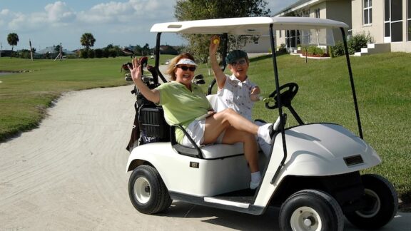Snowbirds in a golf cart while their house is vulnerable with sneaky insurance issues.