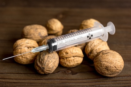 Nuts and a syringe representing food allergies