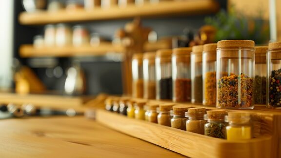 Spice and herb rack in kitchen, for article on cooking with herbs. Image by Volodymyr Pastushenko
