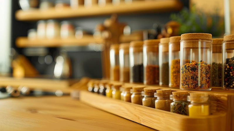Spice and herb rack in kitchen, for article on cooking with herbs. Image by Volodymyr Pastushenko