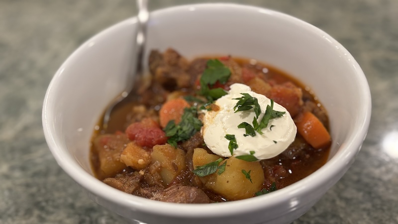 Some Hungarian goulash in a bowl.