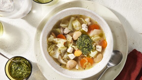 Chicken and cabbage soup in a bowl
