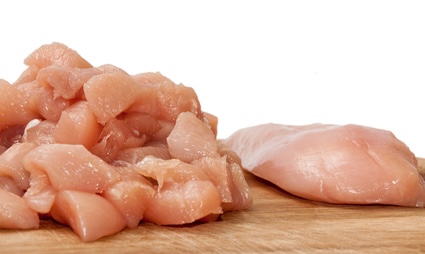 Chopped chicken breast ready for a chicken and cabbage recipe.