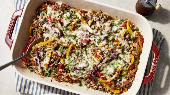 Stuffed pepper casserole recipe in a baking dish