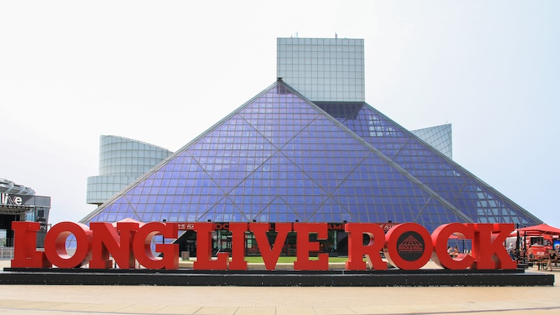 Rock and Roll Hall of Fame in Cleveland, sign reading "Long live rock." For nostalgic travel. David Wood