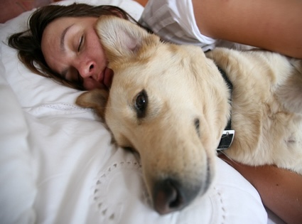 A woman whose sleep habits include having her dog in bed with her. By Paul Prescott