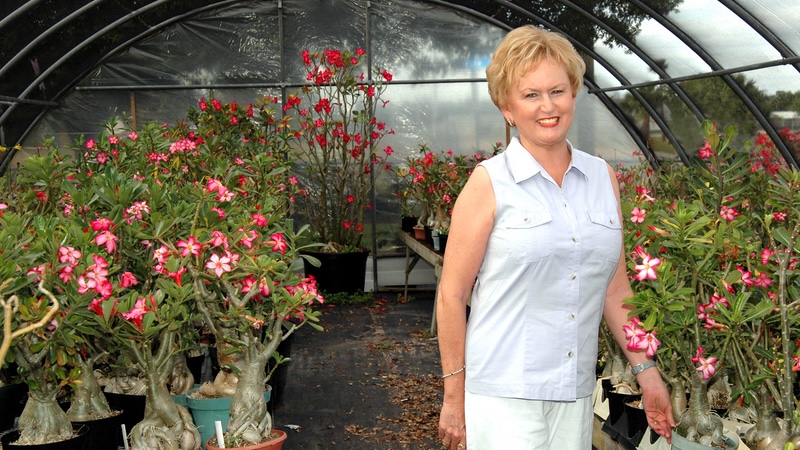 Woman smiling in a greenhouse.