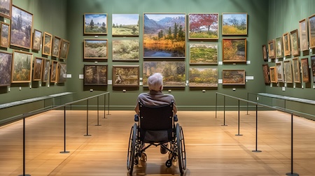 planning accessible outings can include venues like this museum, with a man in a wheelchair viewing the paintings - AI generated image