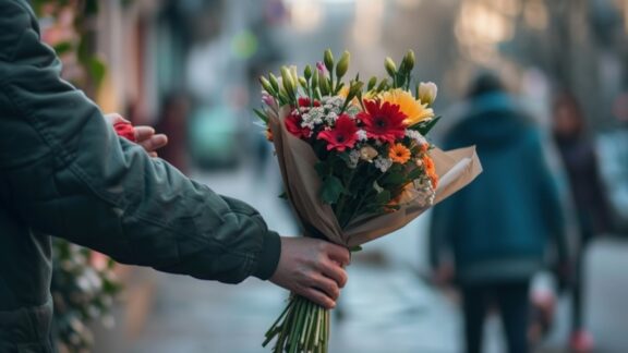 Giving flowers as a way of spreading kindness.