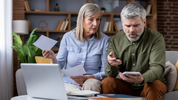Retired couple befuddled on computer and phone because they're seeing their retirement budget blasted.