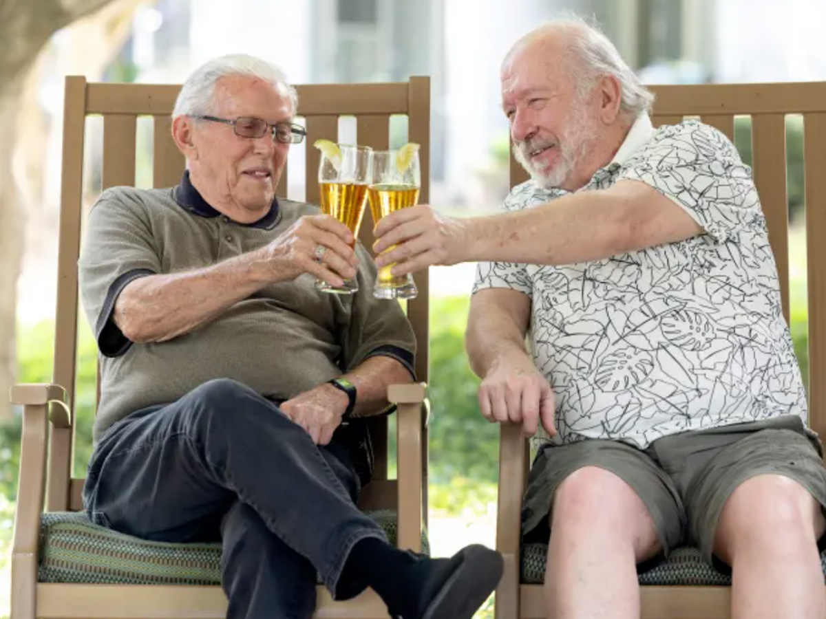 The Blake at Charlottesville Friends Enjoying Beer Outside