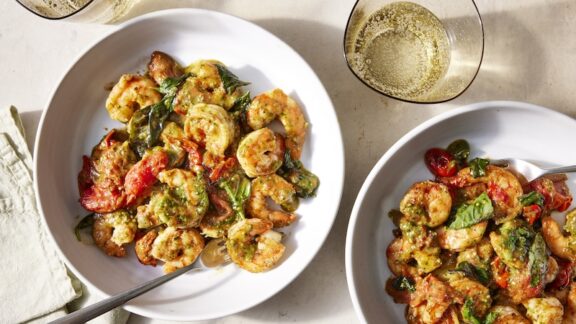 Quick pesto shrimp in a pasta bowl.
