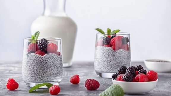 Berries ready to eat in bowls and glasses, a good example of fiber-rich foods