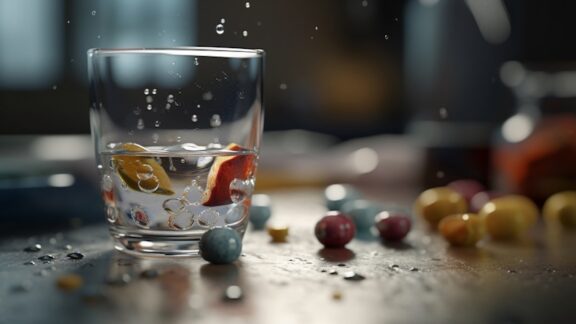Plastics and senior health: an AI-generated image of microplastics and larger plastic beads in and around a glass of water