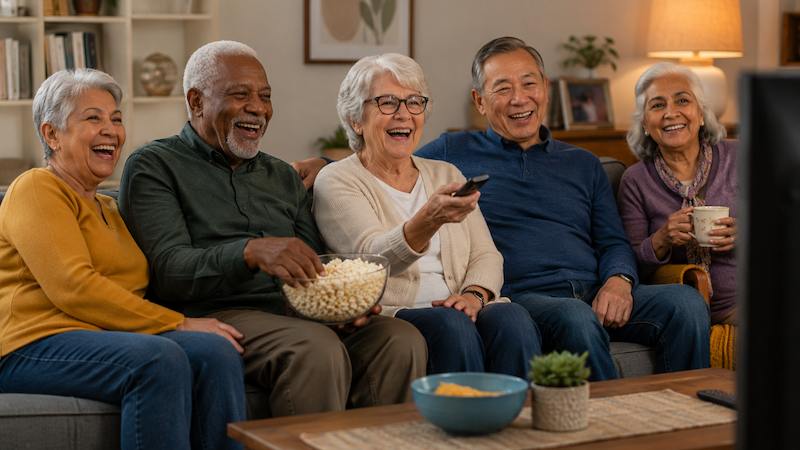 Five over-50 friends watching older adults on TV. by ChatGPT