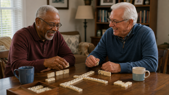 Two male senior roommates playing dominoes. ChatGPT image