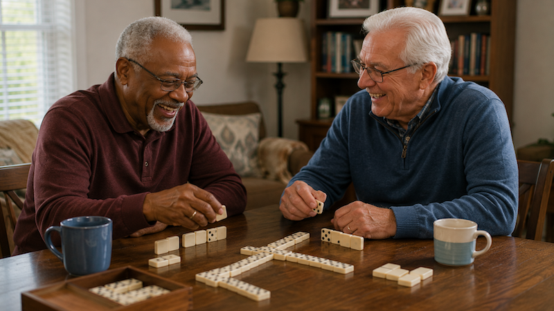 Two male senior roommates playing dominoes. ChatGPT image