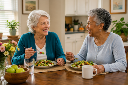 Female senior roommates eating together. ChatGPT image