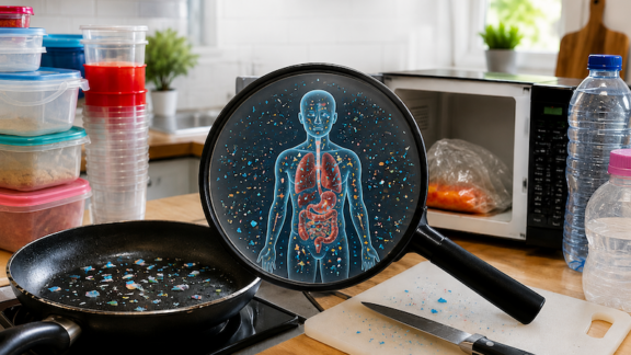 Concept image of microplastics and seniors' health, highlighting the many plastics in the average kitchen. Image: ChatGPT