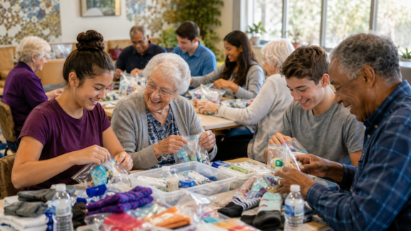 At today's senior centers, activities are more enjoyable and engaging than ever, like this group of older adults and teens working together on care packages. AI image by ChatGPT