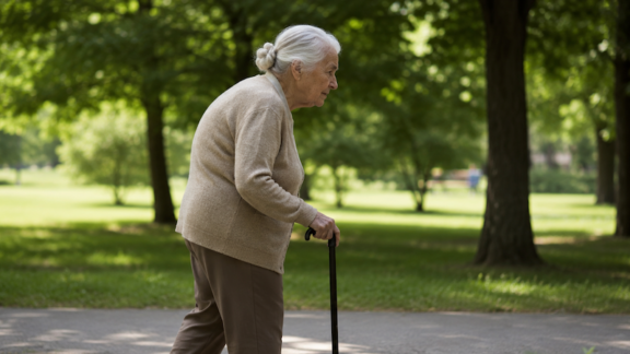 Woman with the hunched back of kyphosis