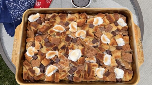 s'mores bread pudding in a casserole dish