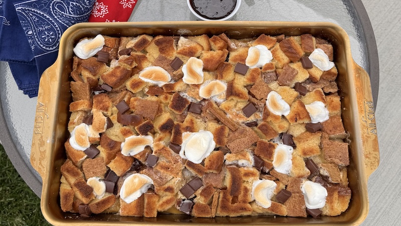 s'mores bread pudding in a casserole dish