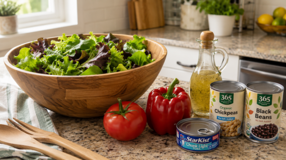 Summer canned foods being used for a salad.