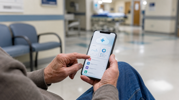 An older man in an emergency room using cloud storage for seniors. ChatGPT